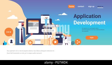 arabic people working chat bubbles mobile application development concept arab man climbing ladder messenger interface flat horizontal copy space Stock Vector