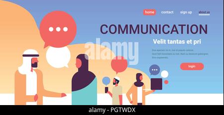 arabic people chat bubbles communication speech dialogue arab man woman character portrait horizontal copy space flat Stock Vector