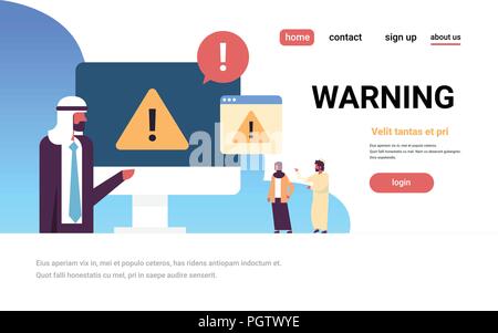arabic businessman problem solution warning danger piracy error concept business people cartoon character flat horizontal copy space Stock Vector