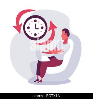 businessman sitting using laptop clock time management deadline concept flat business man cartoon character isolated Stock Vector