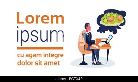 businessman sitting office using laptop thinking about vegetable salad dream lunch concept cartoon character isolated full length flat horizontal copy space Stock Vector