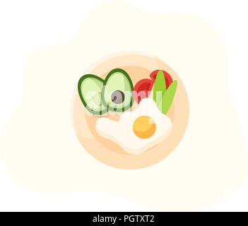 Useful breakfast. Scrambled eggs with avocado and salad. Diet Cooking lunch, dinner, breakfast. Stock Vector