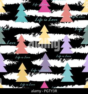 Seamless pattern with abstract fir trees and black stripes. Vector illustration. Bright background for textile, cards, wallpapers, kids textile Stock Vector