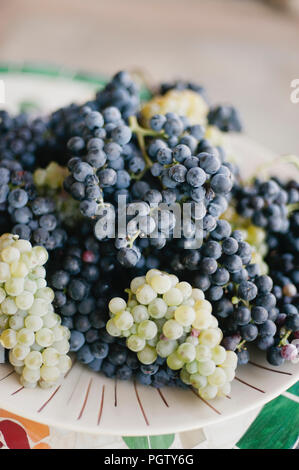 Close up view of wine grape bunch on a white plate Stock Photo