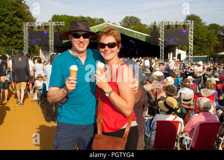 Crowds Enjoy the sunshine on day two at Cambridge Folk Festival 4th august 2018 Stock Photo