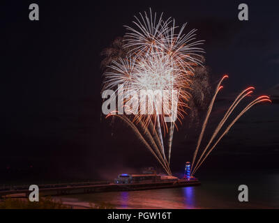 Weekend fireworks shot from Bournemouth pier as part of the Council's Summer programme. Seen from above. Stock Photo