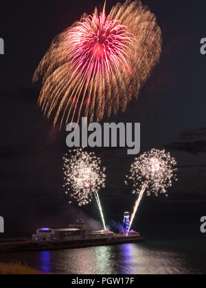Weekend fireworks shot from Bournemouth pier as part of the Council's Summer programme. Seen from above. Stock Photo