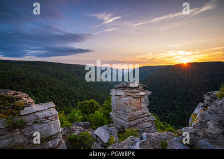 The sunsets over Blackwater Canyon from Lindy Point in Blackwater Falls State Park, West Virginia. Stock Photo