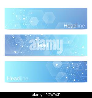 Scientific set of modern vector banners.Futuristic digital science technology concept for web banner template or brochure. Science vector background. Medical, tecnology, chemistry design Stock Vector