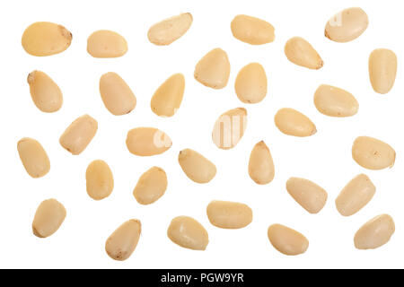 Shelled cedar pine nuts isolated on white background. Top view. Flat lay Stock Photo