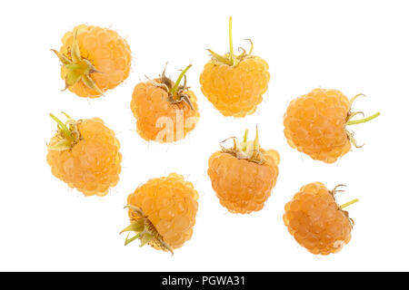 Yellow raspberries isolated on white background. Top view. Flat lay pattern Stock Photo