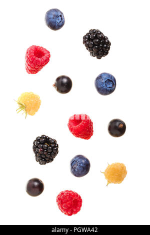 blackberry blueberry raspberry black currant isolated on white background. Top view. Flat lay pattern Stock Photo