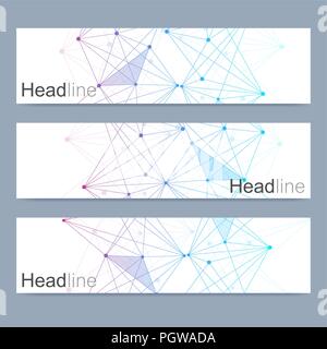 Scientific set of modern vector banners.Futuristic digital science technology concept for web banner template or brochure. Science vector background. Medical, tecnology, chemistry design Stock Vector