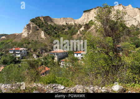 Sand pyramids and Panorama to town of Melnik, Blagoevgrad region, Bulgaria Stock Photo