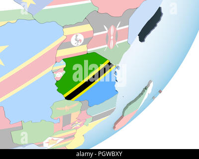 Tanzania on bright political globe with embedded flag. 3D illustration ...