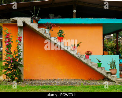 concrete wall painted in orange and ligh blue with a stair filled with pots placed every other step country house Stock Photo