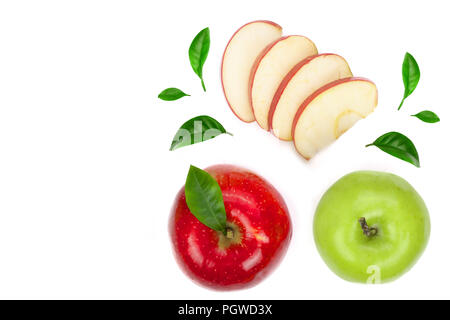 red and green apples with slices and leaves isolated on white background with copy space for your text. top view. Flat lay Stock Photo