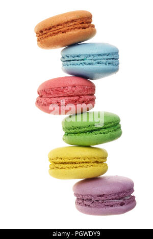 colored macaroons isolated on white background without a shadow closeup. Top view. Flat lay Stock Photo