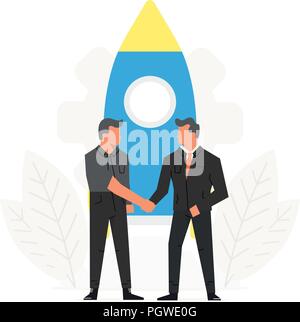 Startup business illustration. Businessmen make a contract before the rocket. Innovation technology start up. Spaceship launch to the sky. Stock Vector