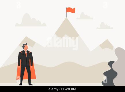 Super businessman looking a flag on top mountain. Success, leadership, achievement and goal concept. Startup flat illustration Stock Vector