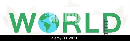 Vector big word World and earth, planet banner for design concept. Illustration for presentations on white background Stock Vector