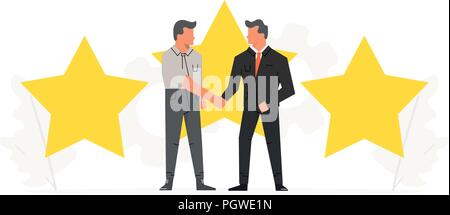 Businessmen make a contract before the big stars. Positive review, quality work, feedback, rating, evaluation system. Startup business presentations on white background Stock Vector