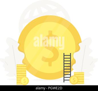 Big gold coin illustration. Investment in startup business presentations on white background. Forecast currency rate, money management accounting Stock Vector