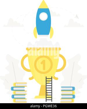 Rocket launch to the sky from the large gold trophy. Start up concept and internet learning. Book, teaching, knowledge. Stock Vector