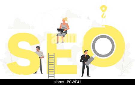 Vector big word SEO with small working people around it. Search engine optimization business banner for design concept. Illustration for presentations on white background Stock Vector