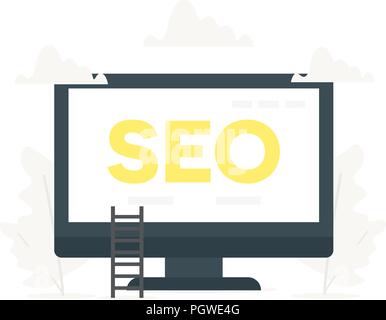 Vector illustration of computer with big word SEO . Search engine optimization for website and mobile site. Landing page template. Stock Vector