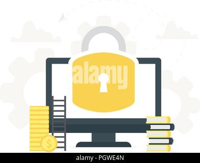 Vector illustration of computer with big lock on screen. Concept of security center, data protection, network secure. Padlock login password. Stock Vector