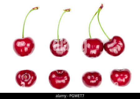 Sweet red cherries isolated on white background. Top view. Flat lay pattern Stock Photo