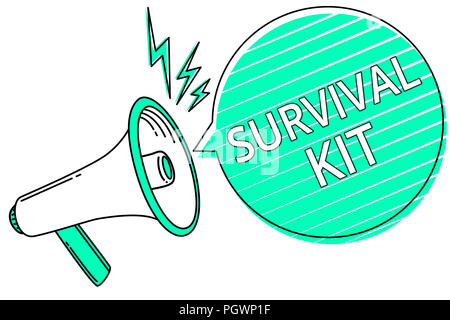 Handwriting text writing Survival Kit. Concept meaning Emergency Equipment Collection of items to help someone Megaphone loudspeaker green speech bubb Stock Photo