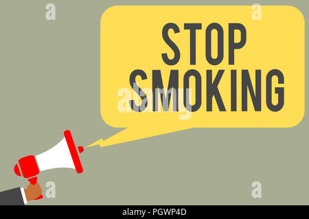 Conceptual hand writing showing Stop Smoking. Business photo text Discontinuing or stopping the use of tobacco addiction Man holding megaphone loudspe Stock Photo