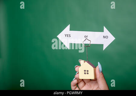 home insurance concept,little house with text yes or no, isolated on green background.homeless,The concept of making the right choice. The picture for the sale of real estate and construction.Buy or sale,rent or buy.Copy space Stock Photo