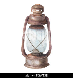 Watercolor old lamp, painting drawing bright old fashioned hand flashlight. Kerosene lamp or candle houses old lamp birthday, wedding Geometric illust Stock Photo