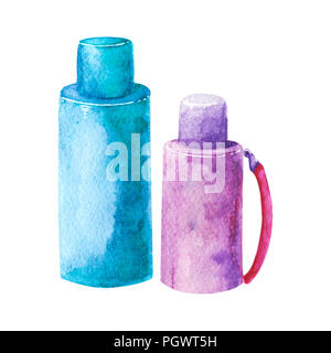 Thermos painted with watercolor isolated on white background Stock Photo