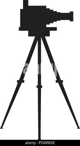 Old antique photo camera with tripod silhouette. Flat color vector illustration. Stock Vector