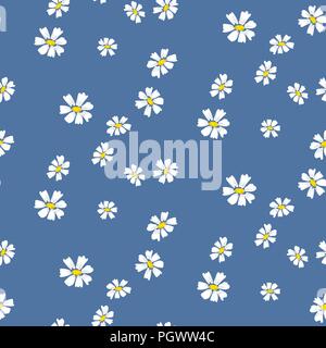 Retro daisy simple blue florals seamless vector pattern. Stock Vector