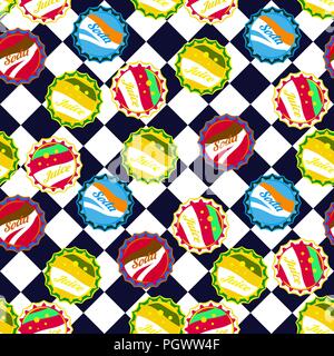 Soda bottle caps pattern vector on blue and white checkered background. Stock Vector