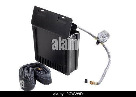 mini car air compressor on white background in studio Stock Photo
