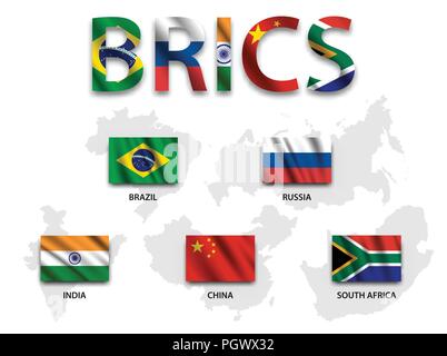 BRICS . association of 5 countries ( brazil . russia . india . china . south africa ) . waving flag and map . vector . Stock Vector