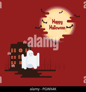 Happy Halloween, ghosts flying in front of haunted house under glowing full moon and bats on red background in cartoon style Stock Vector