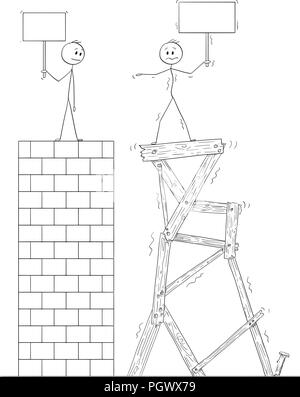 Cartoon of Two Men or Businessmen Standing on Top of Two Towers, One of Them is Well Build From Bricks, Second is Poor Quality Construction From Wood Stock Vector