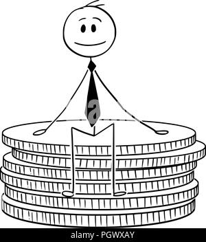 Cartoon of Businessman Sitting on Small Stack of Coins Stock Vector