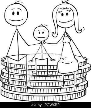 Cartoon of Happy Family Sitting on Small Stack of Coins Stock Vector