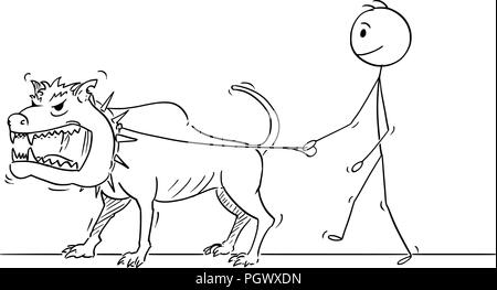 Cartoon of Man Walking With Beast Monster Dangerous Big Dog Stock Vector