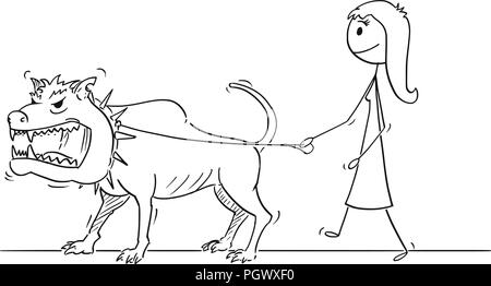 Cartoon of Woman Walking With Beast Monster Dangerous Big Dog on a Leash Stock Vector