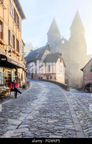 France, Aveyron, Conques, labelled Les Plus Beaux Villages de France (The Most Beautiful Villages of France), stop on El Camino de Santiago, main stre Stock Photo