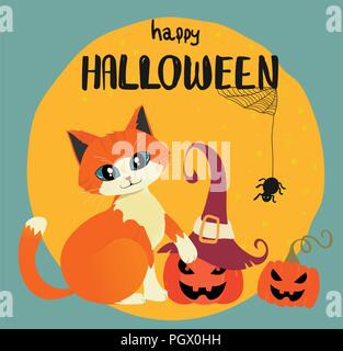 Happy Halloween card with hand drawn orange cat and pumpkins against full moon Stock Vector